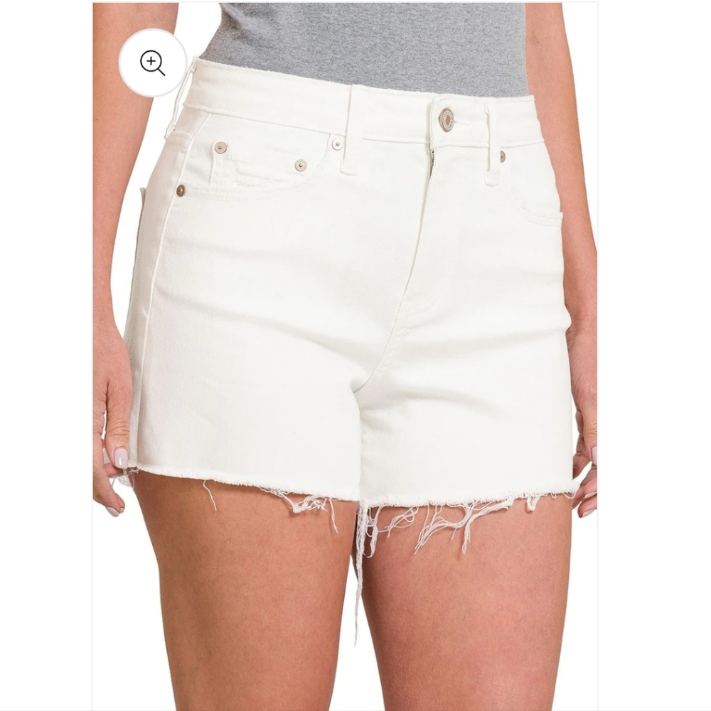 Zenana High Waist Raw Hem White Denim Shorts